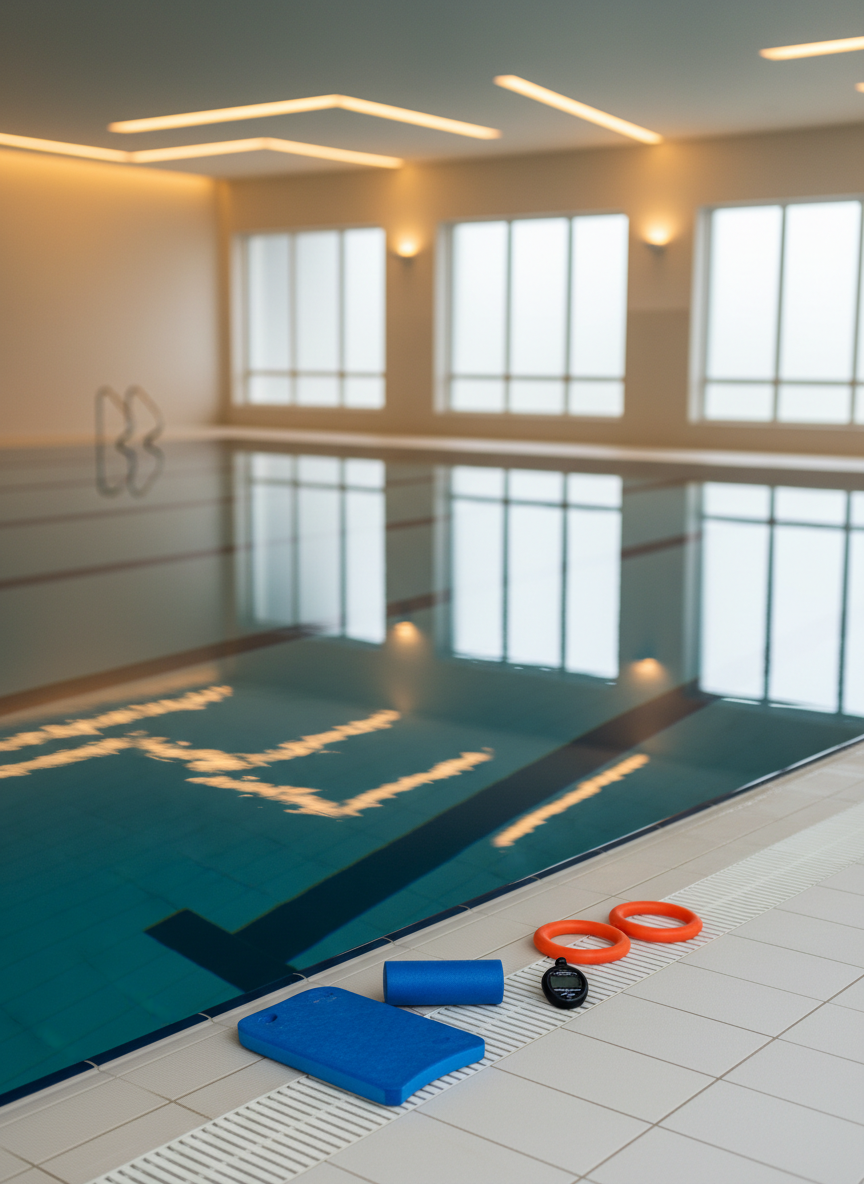A serene indoor pool in a private apartment complex, water perfectly still with gentle reflections of recessed ceiling lights. At one lane’s edge sits a small, neatly arranged collection of teaching tools: a royal blue kickboard, matching pull buoy, bright orange dive rings, and a waterproof digital stopwatch, all resting on a clean, non-slip white tile. Warm overhead lighting mixes with soft daylight from high windows, creating a calm, inviting glow without harsh contrasts. Shot at eye level with sharp focus throughout, the photographic realism and uncluttered composition emphasize safety, professionalism, and a focused environment ideal for one-on-one swimming instruction, with no people present anywhere in the frame.