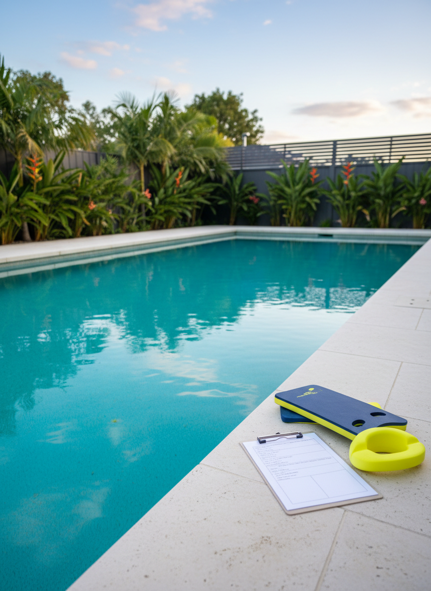 A crystal-clear backyard swimming pool in a modern Sydney home, its turquoise water gently rippling with soft reflections of the sky. A neatly folded navy-blue kickboard and bright yellow pull buoy rest on the pale stone pool edge beside a tidy laminated lesson plan clipboard. Lush subtropical plants frame the fence line in the distance, softly blurred. Late afternoon natural light creates a calm, even glow with subtle highlights on the water’s surface. Photographed at eye level in clean, photographic realism, the composition follows the rule of thirds, emphasizing the pool lane space as if ready for a private lesson, conveying professionalism, safety, and quiet focus without any people present.