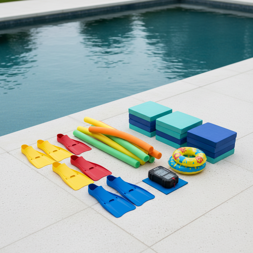 A neatly organized mobile swim school kit laid out beside a backyard pool: sets of color-coded swim fins, foam kickboards in teal and royal blue, bright pool noodles, floating rings, and a waterproof timer, all arranged on a clean light-grey outdoor deck. The glistening pool occupies the background, its blue water captured in sharp detail. Soft overcast daylight provides diffused, shadowless illumination, highlighting textures of foam and rubber. Shot from a slightly elevated angle with photographic realism, the composition is carefully structured and spacious, creating a professional, trustworthy atmosphere that suggests a mobile instructor has just arrived and is fully prepared for structured, private swimming lessons.