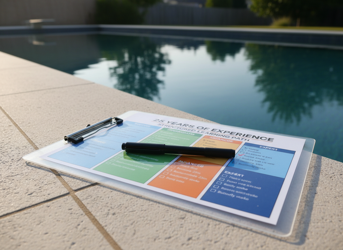 A close-up of a laminated swimming progress chart clipped to a waterproof clipboard, resting on a smooth stone coping at the edge of a residential pool. The chart shows clear, color-coded skill levels and checkboxes, with a fine-point waterproof pen neatly placed on top. Behind, the pool’s calm blue water fades into a gentle bokeh, with a subtle reflection of surrounding trees. Soft morning sunlight grazes the surface, creating crisp but gentle shadows and highlighting the chart’s glossy finish. Captured in photographic realism from a low, side-on angle, the composition feels organized and reassuring, emphasizing structured learning and 25 years of experience, without any human figures.