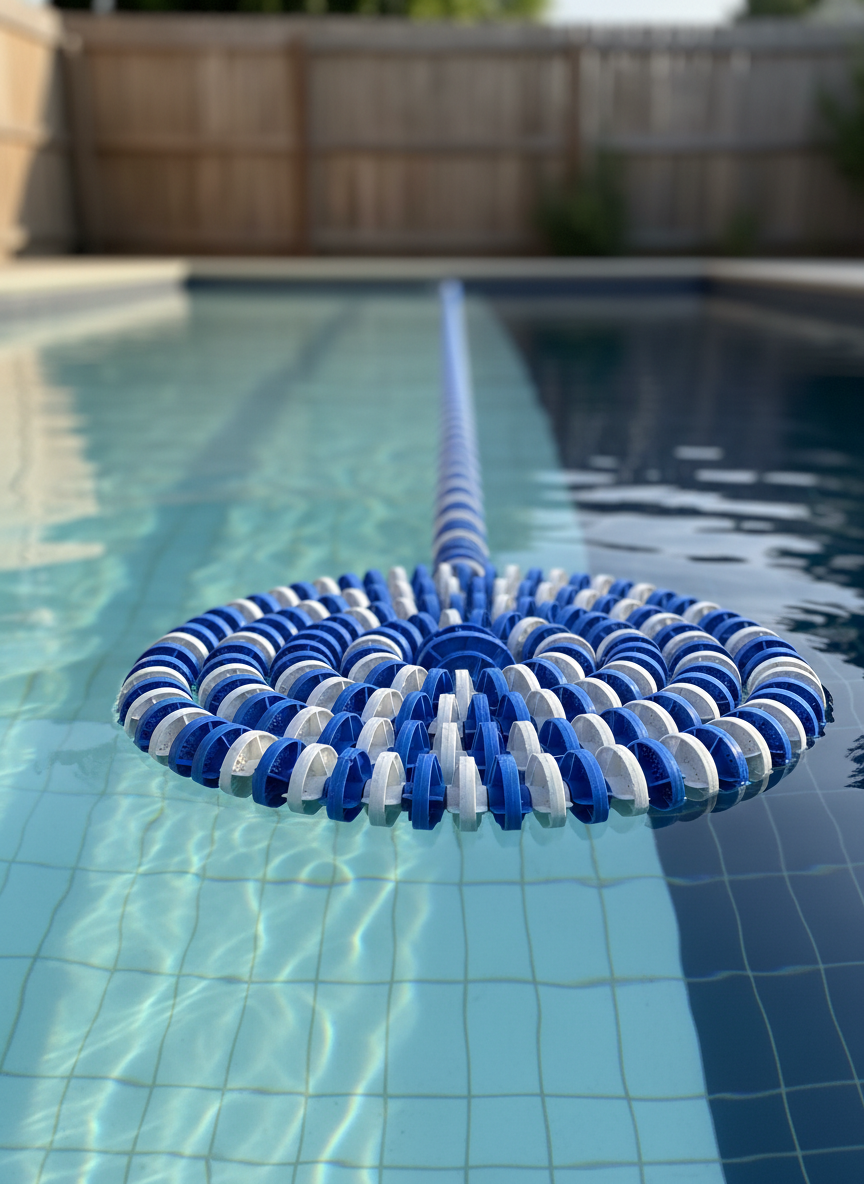 A close, detailed shot of a perfectly coiled blue and white lane rope floating on the surface of a backyard lap pool, its buoy segments aligned with precision. The pool tiles transition from pale aqua at the shallow end to deep navy at the far edge, creating a gradient of blues. Soft late-afternoon sunlight skims across the water, producing delicate highlights and gentle, rhythmic shadows along the lane rope. The background is subtly blurred, hinting at a landscaped garden fence. Captured from a low, almost water-level angle in photographic realism with shallow depth of field, the mood is quiet, focused, and disciplined, ideal for representing stroke refinement and advanced private lessons.