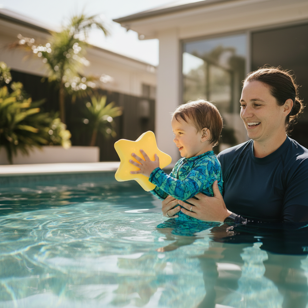 Preschool-aged child (around 3–5 years old) in a clear backyard pool in Sydney, supported closely by a smiling swim instructor in the water. Both are wearing sun-safe swimwear; the instructor uses gentle hands-on support and a bright floating toy to encourage confidence. No faces shown in detail (turned slightly away or cropped at shoulders) for privacy. Bright daytime natural light, turquoise water, soft focus background with plants and a modern home. Photographic realism, warm and reassuring mood, emphasizing safety, trust, and early water confidence.