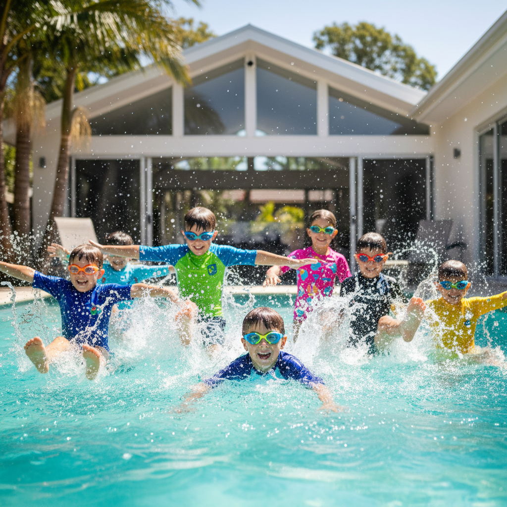 Primary school-aged kids (around 6–10 years old) in a bright backyard pool in Sydney, joyfully jumping in or swimming toward the camera, wearing colorful goggles and sun-safe swimwear. Water splashes captured mid-air, with clear technique but a sense of fun and energy. No clearly identifiable faces (angled away or partially out of frame). Modern home and greenery in soft background blur. Photographic realism, midday natural light, vibrant and playful mood to represent School Age lessons.