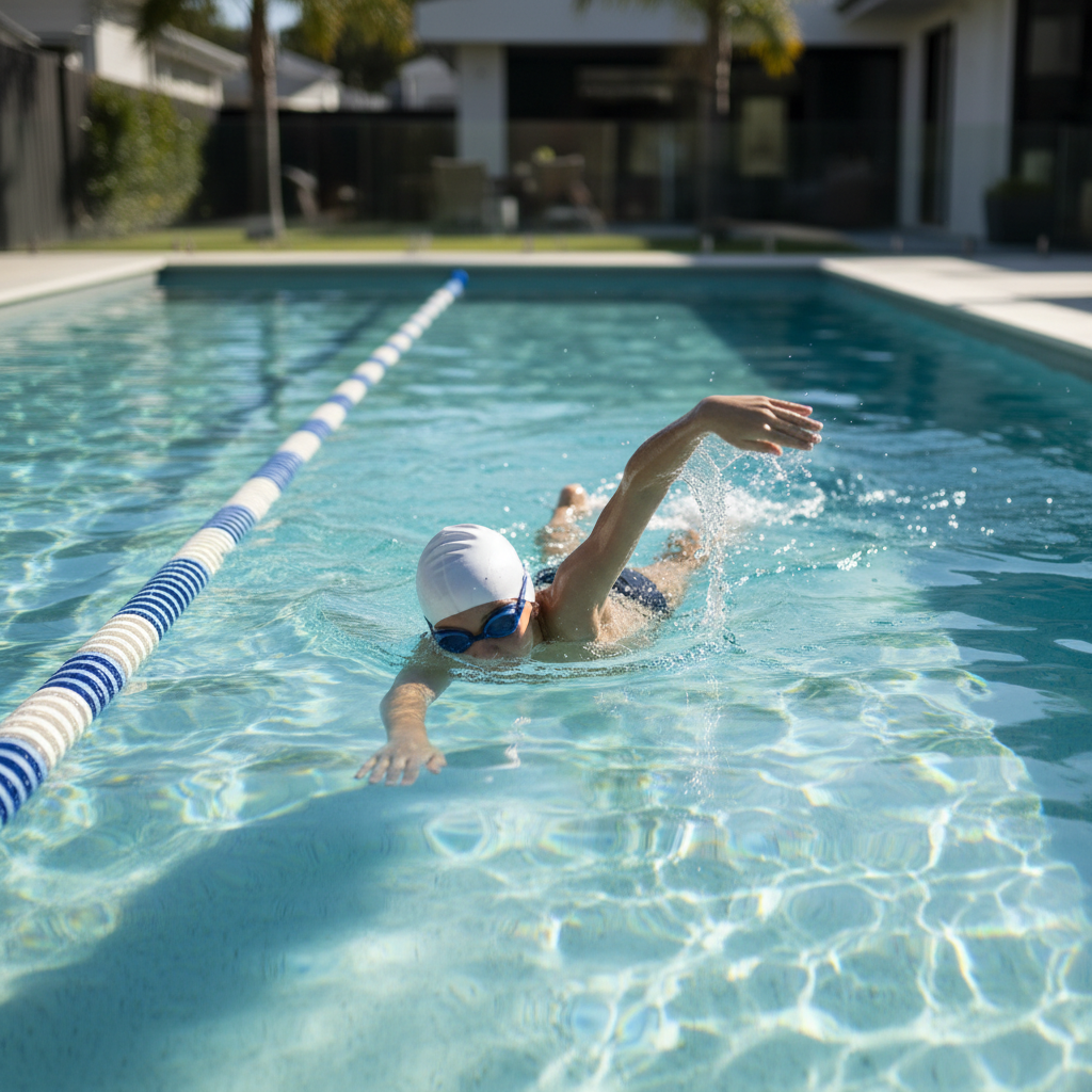 Older child or teen (around 11–15 years old) captured mid-freestyle stroke in a clear backyard lap pool in Sydney, focused on streamlined body position, high elbow catch, and efficient kick. Swimmer wears goggles and a simple swim cap; face turned down toward the water for privacy. Clean lane marker visible, with ripples and bubbles showing movement. Late afternoon natural light, photographic realism, cool and focused mood to highlight Stroke correction and technique refinement.