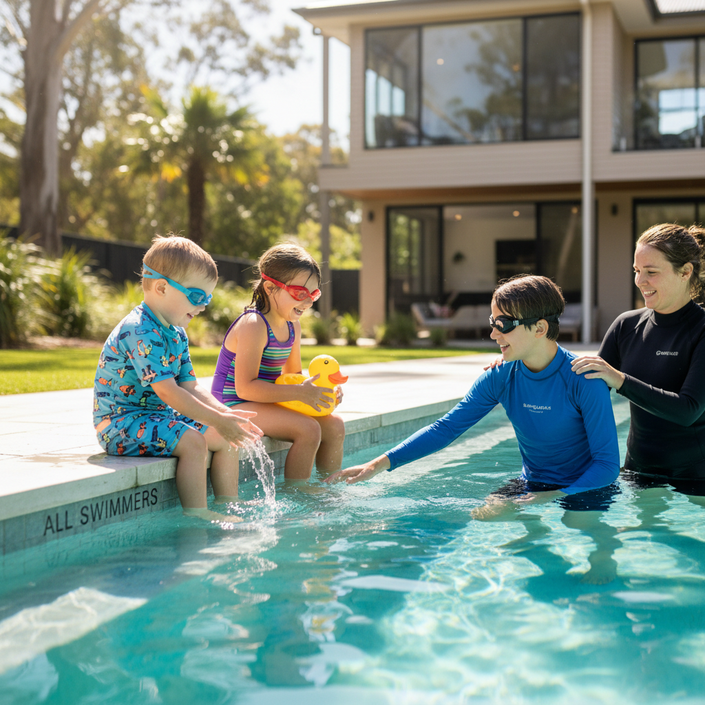 Mixed-ages group (preschooler, primary-aged child, and teen) enjoying a fun but safe moment together in a bright backyard pool in Sydney. They are close to the pool edge or on a wide step, splashing gently or playing with floating toys under the supervision of an instructor whose presence is implied or partially visible. All wear sun-safe swimwear and goggles. No identifiable faces (angled away or cropped). Turquoise water, greenery and a modern home in soft focus, bright natural light, photographic realism, warm and inclusive mood representing All swimmers and family-friendly lessons.